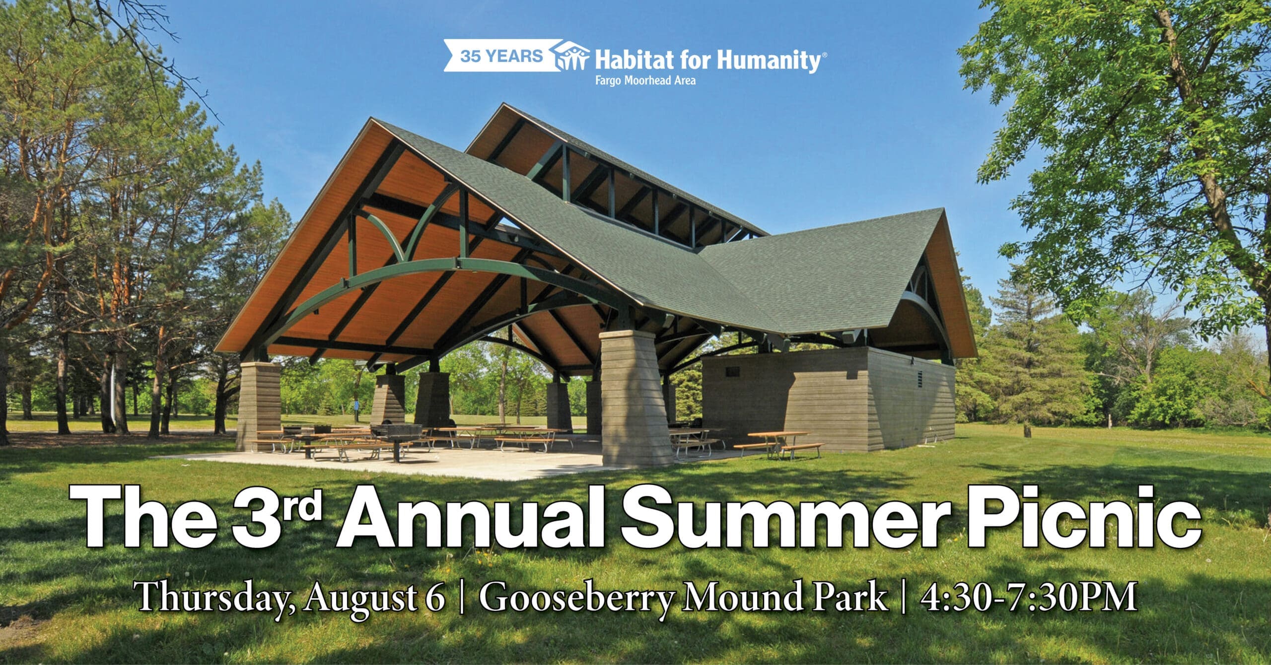 a photograph of Gooseberry Mound Park's Large Shelter. Text reads "Habitat for Humanity FM's 3rd Annual Summer Picnic."